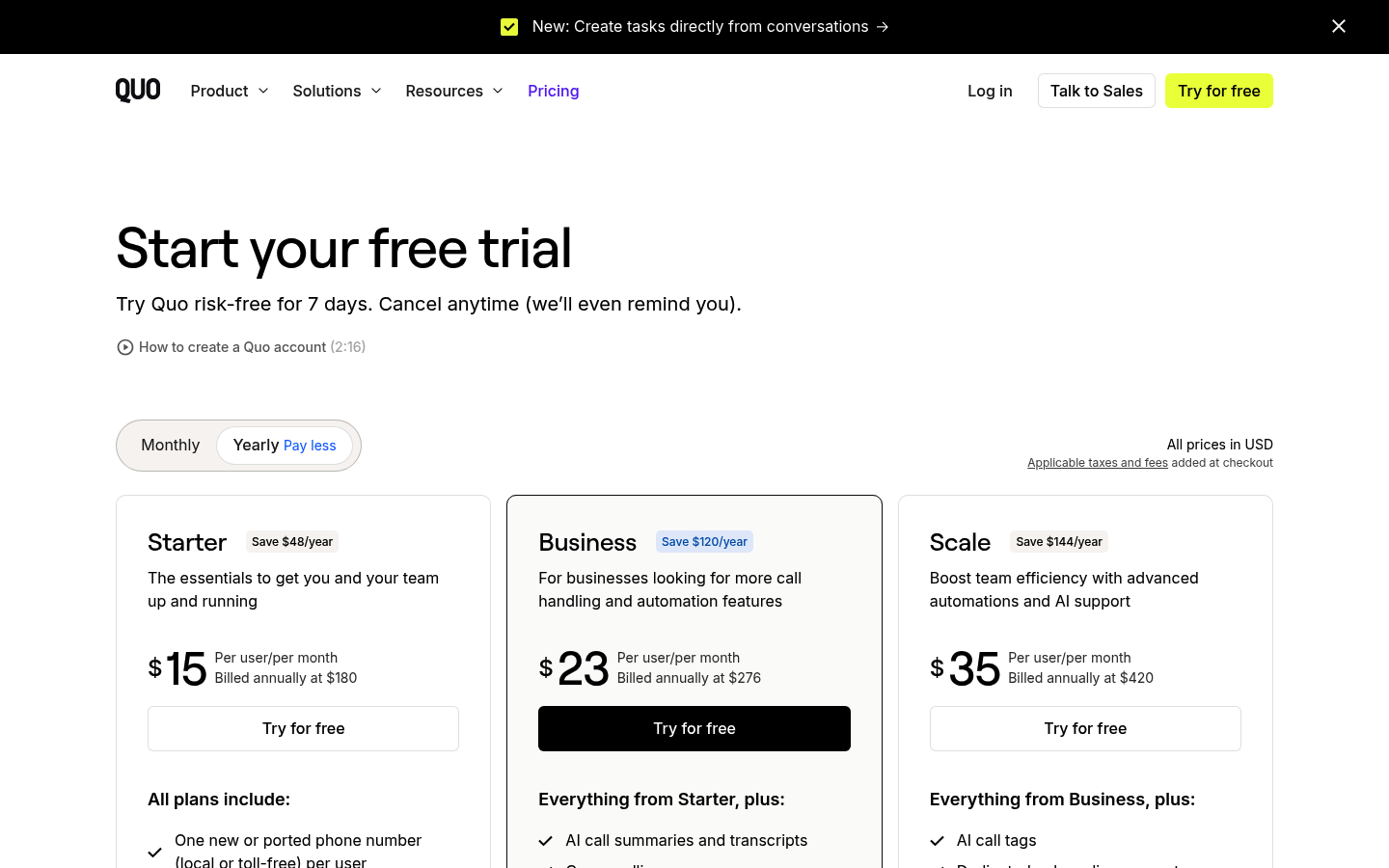 Screenshot of OpenPhone's pricing page showing its plans and prices