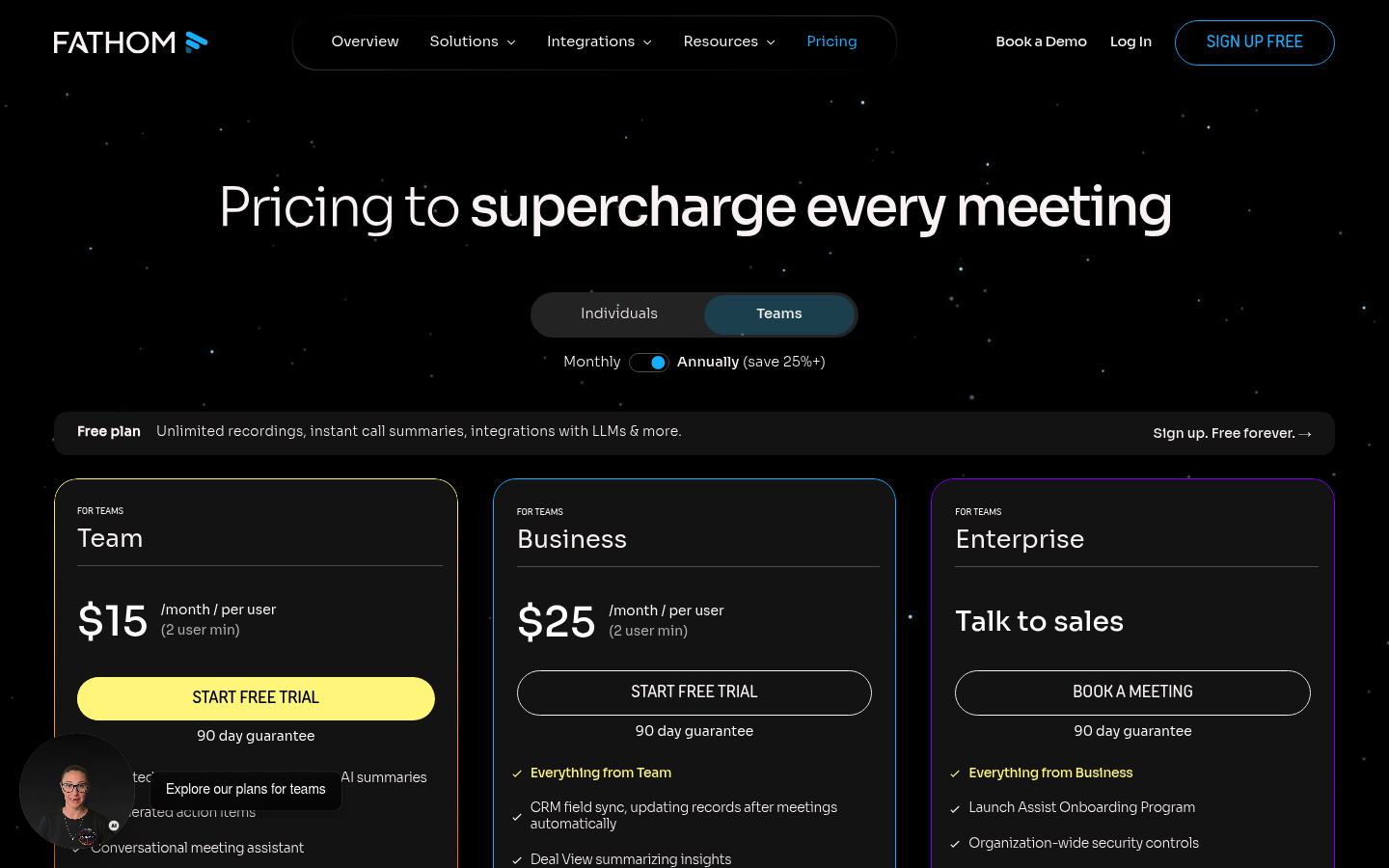 Screenshot of Fathom Notetaker's pricing page showing its plans and prices