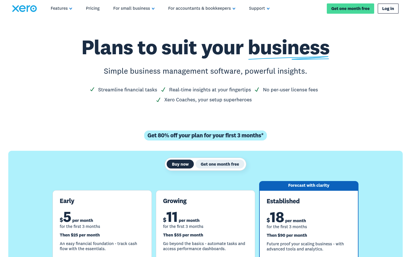 Screenshot of Xero's pricing page showing its plans and prices