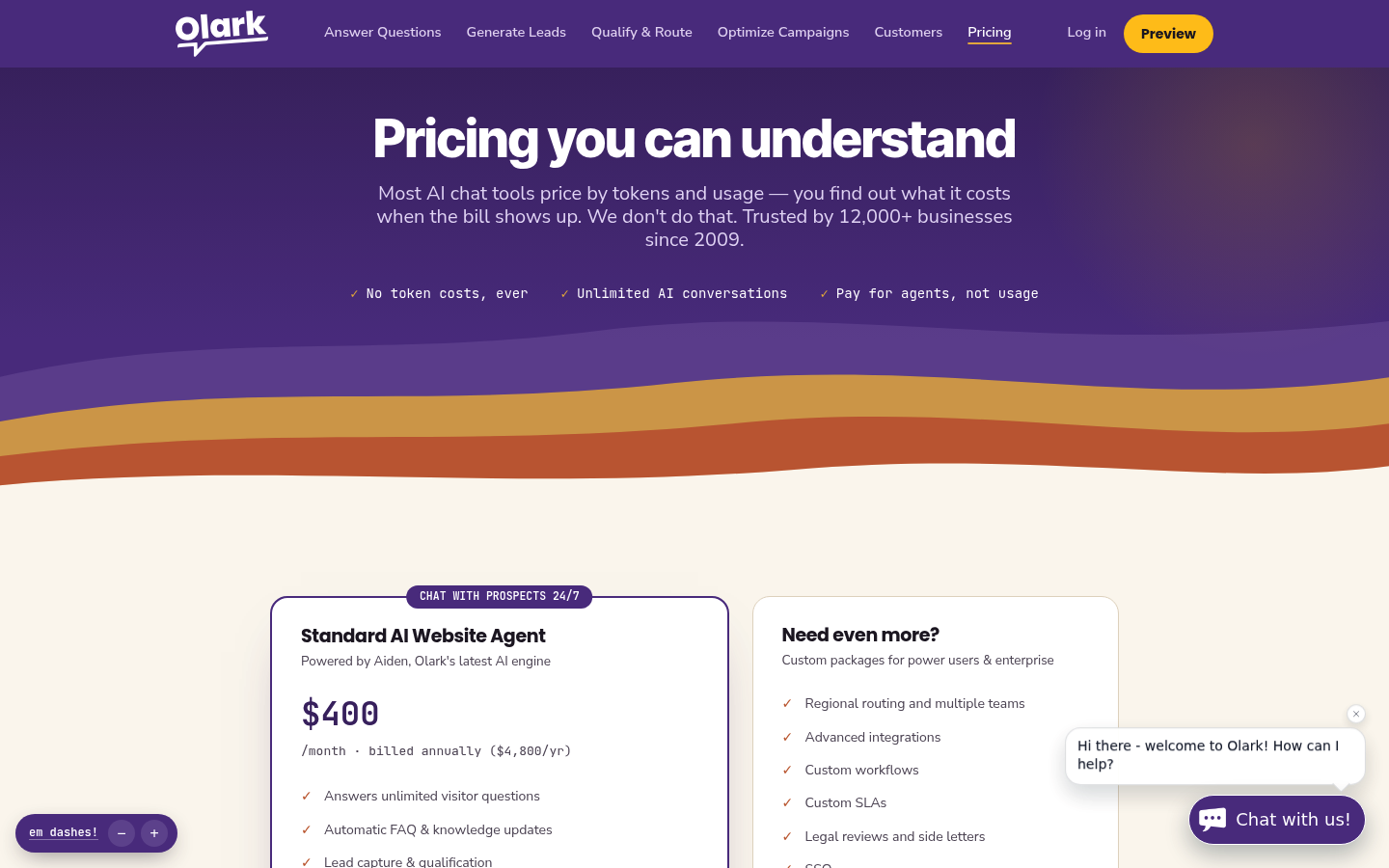 Screenshot of Olark's pricing page showing its plans and prices