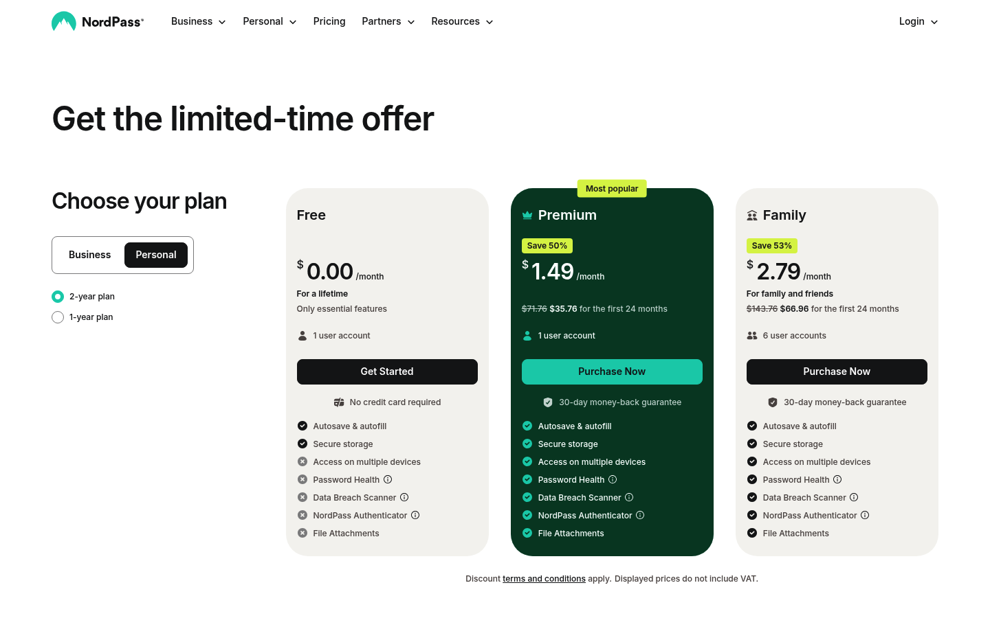 Screenshot of NordPass's pricing page showing its plans and prices