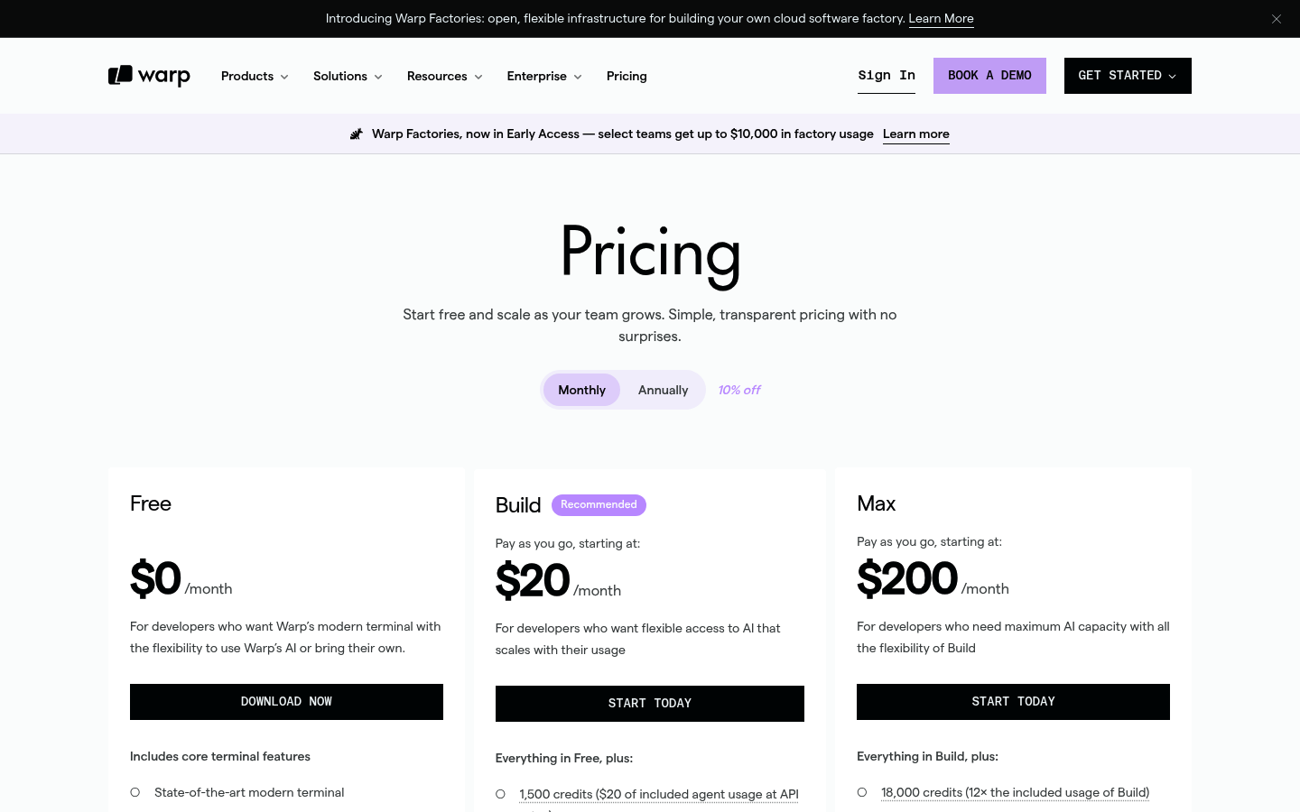 Screenshot of Warp's pricing page showing its plans and prices