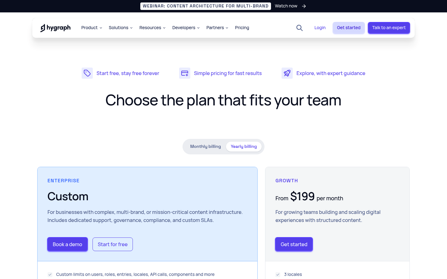 Screenshot of Hygraph's pricing page showing its plans and prices