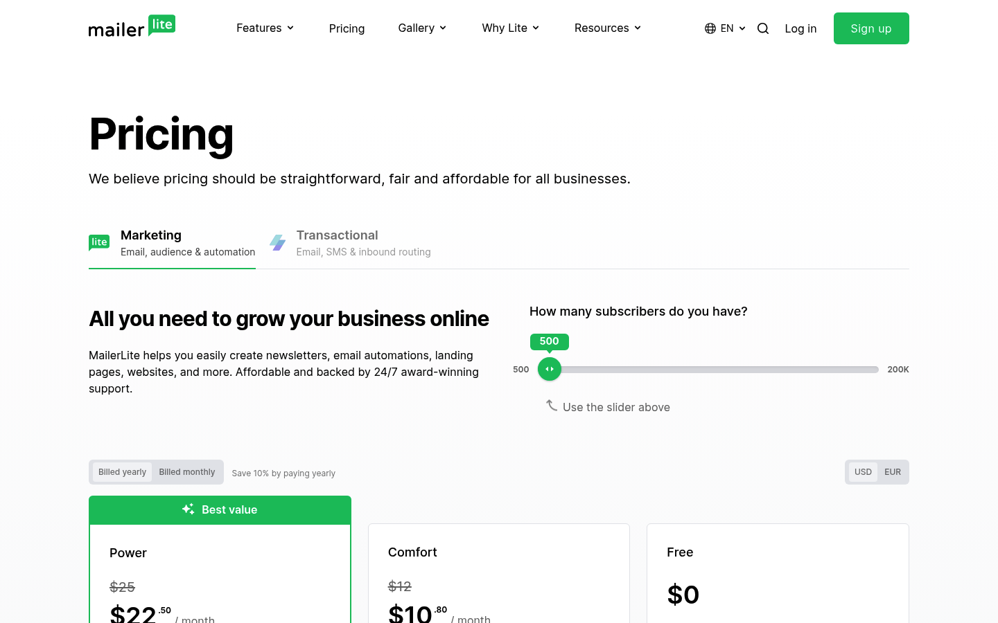 Screenshot of MailerLite's pricing page showing its plans and prices