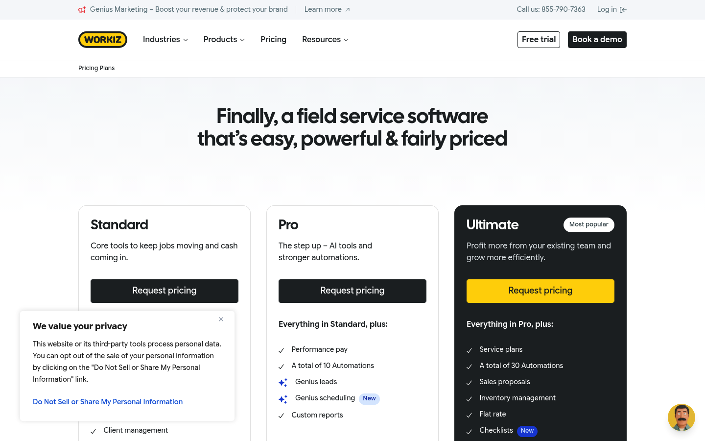 Screenshot of Workiz's pricing page showing its plans and prices
