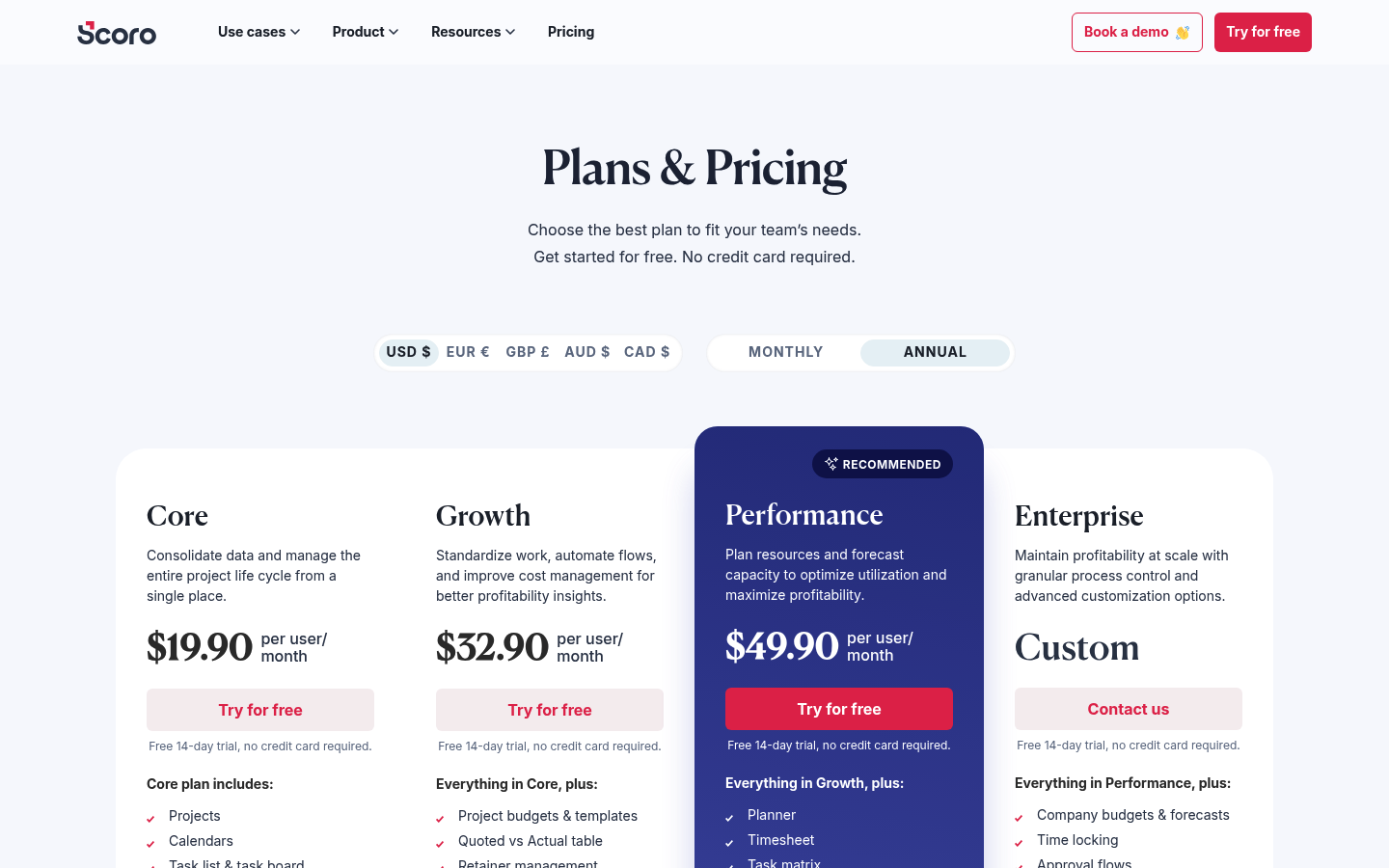 Screenshot of Scoro's pricing page showing its plans and prices