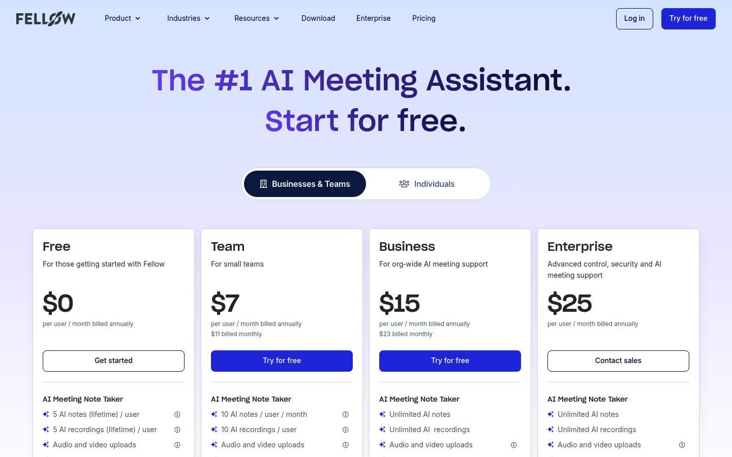 Screenshot of Fellow's pricing page showing its plans and prices