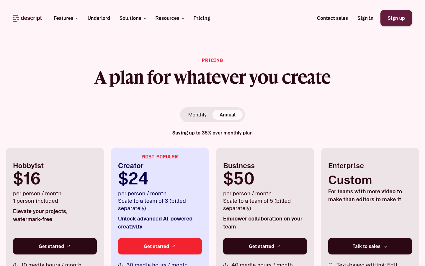 Screenshot of Descript's pricing page showing its plans and prices