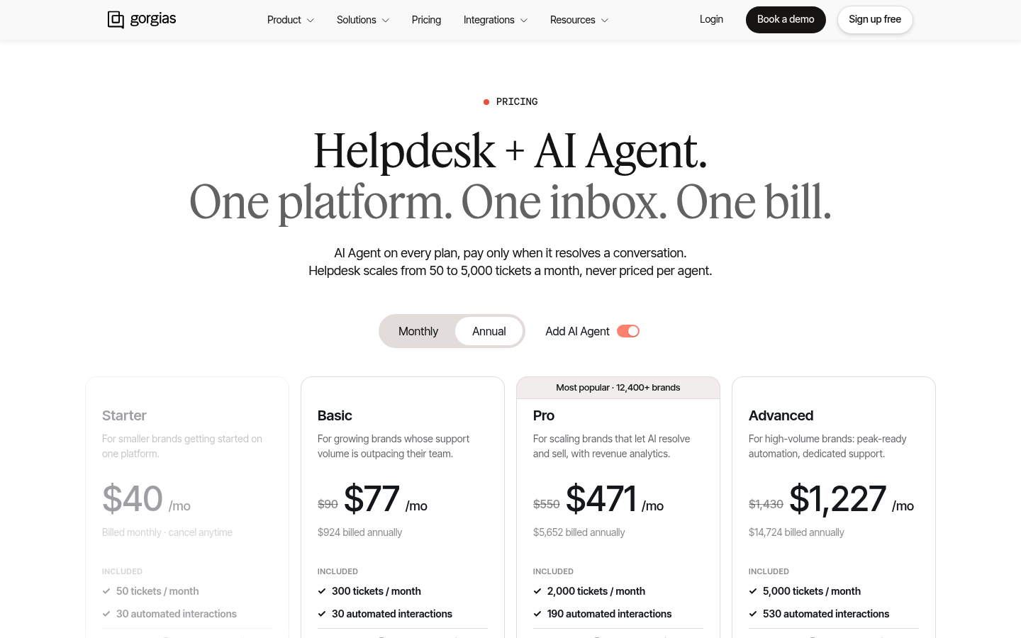Screenshot of Gorgias's pricing page showing its plans and prices