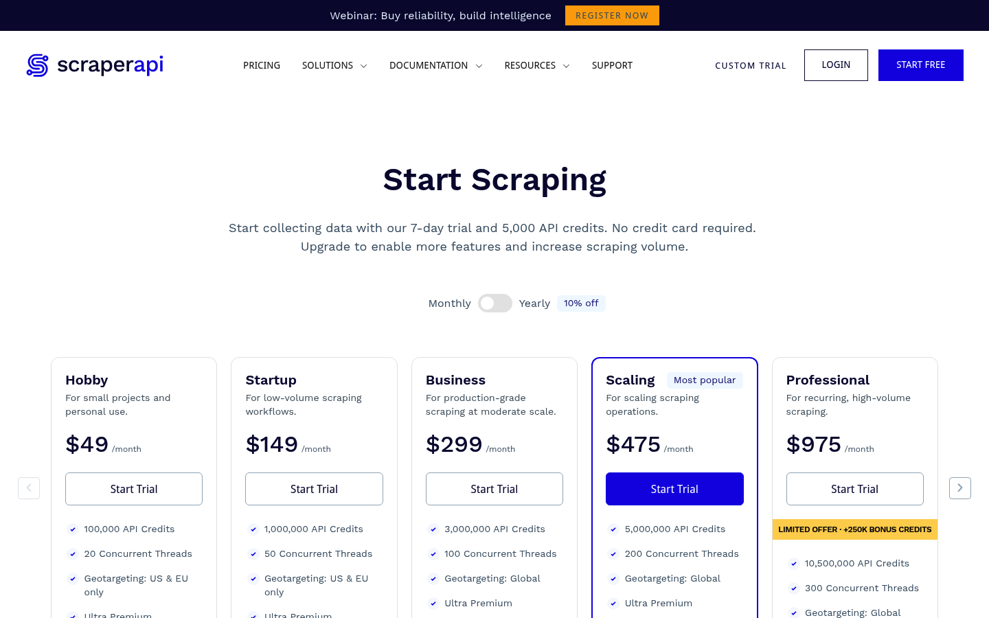 Screenshot of ScraperAPI's pricing page showing its plans and prices