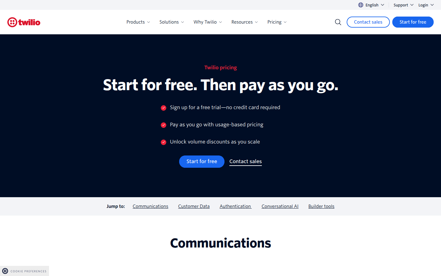 Screenshot of Twilio's pricing page showing its plans and prices