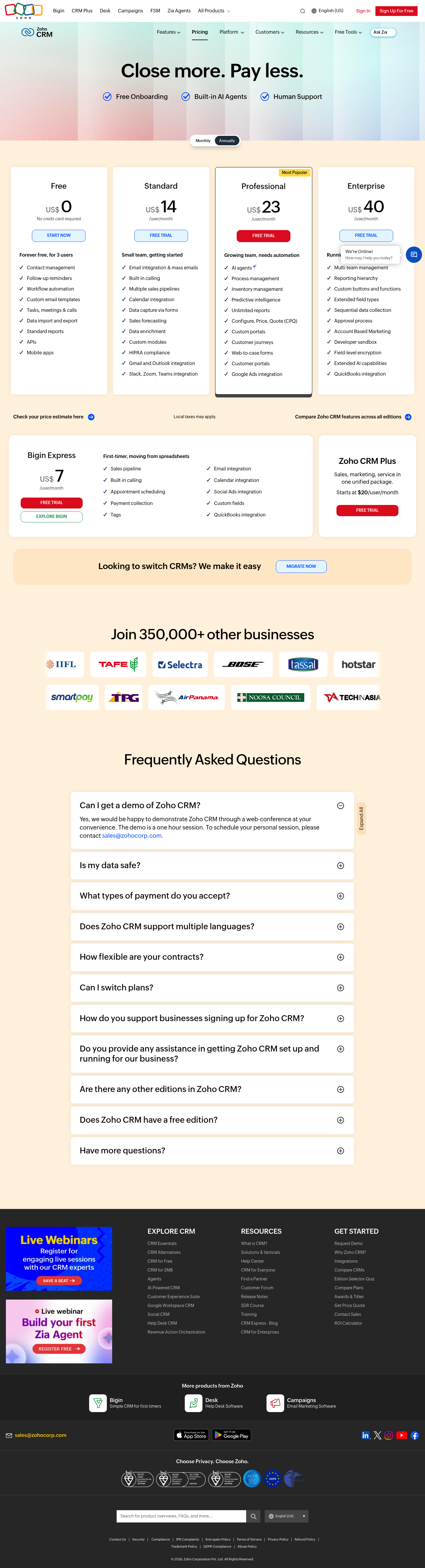 Screenshot of Zoho Recruit's pricing page showing its plans and prices