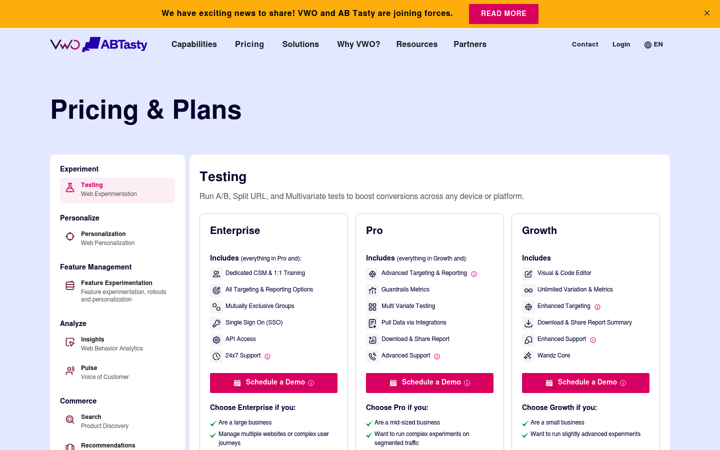 Screenshot of VWO's pricing page showing its plans and prices