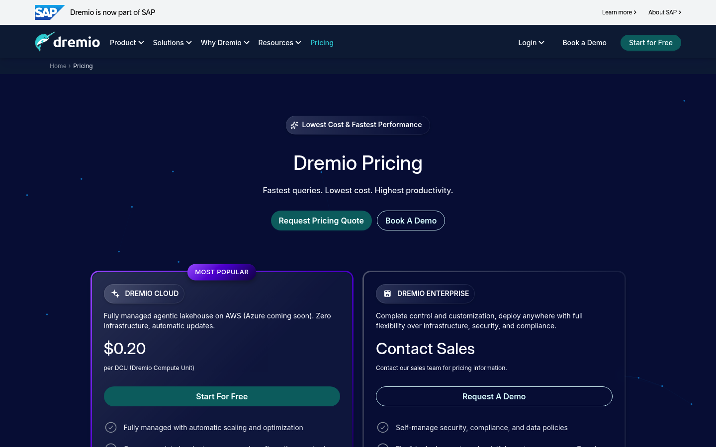 Screenshot of Dremio's pricing page showing its plans and prices