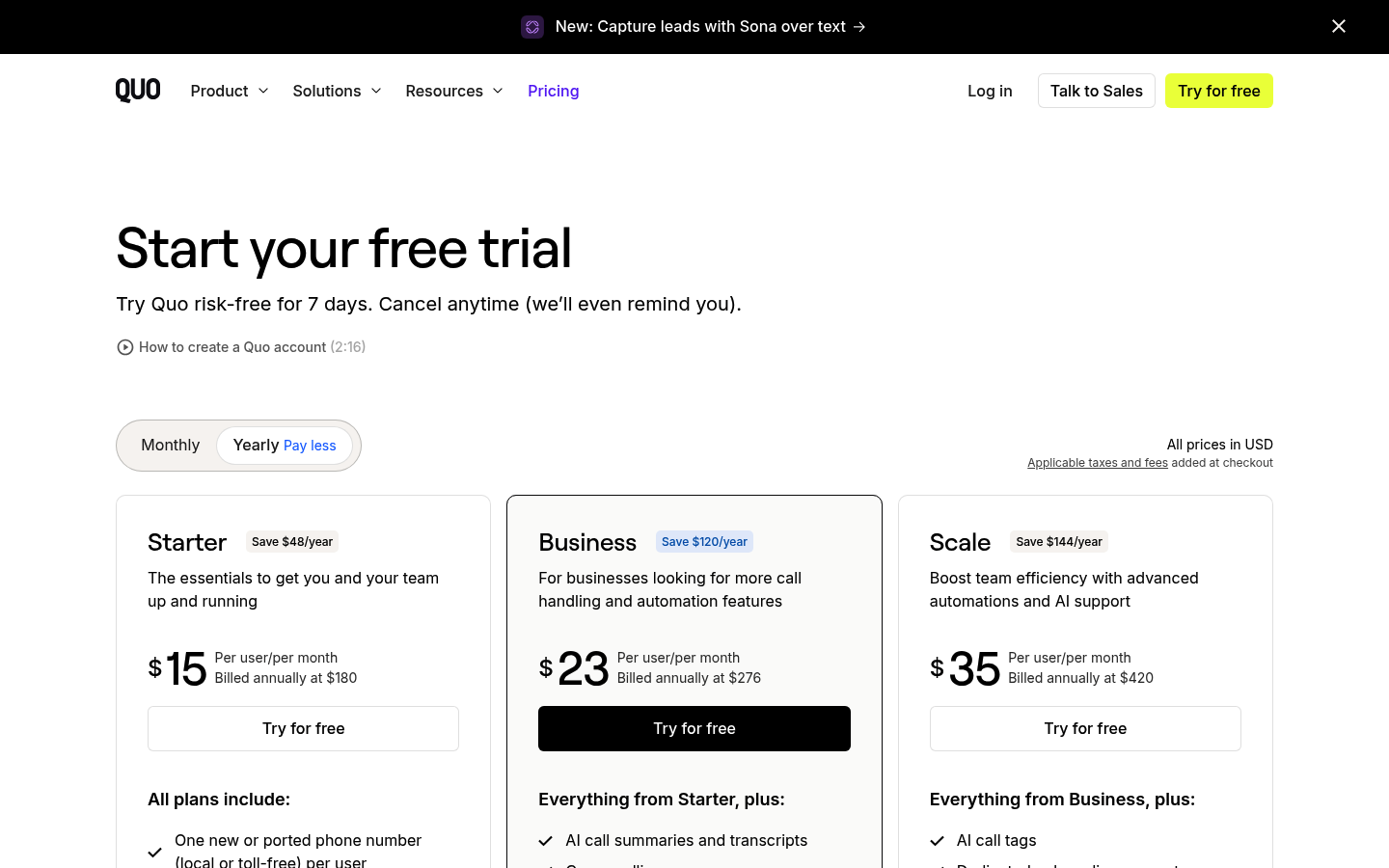 Screenshot of OpenPhone's pricing page showing its plans and prices