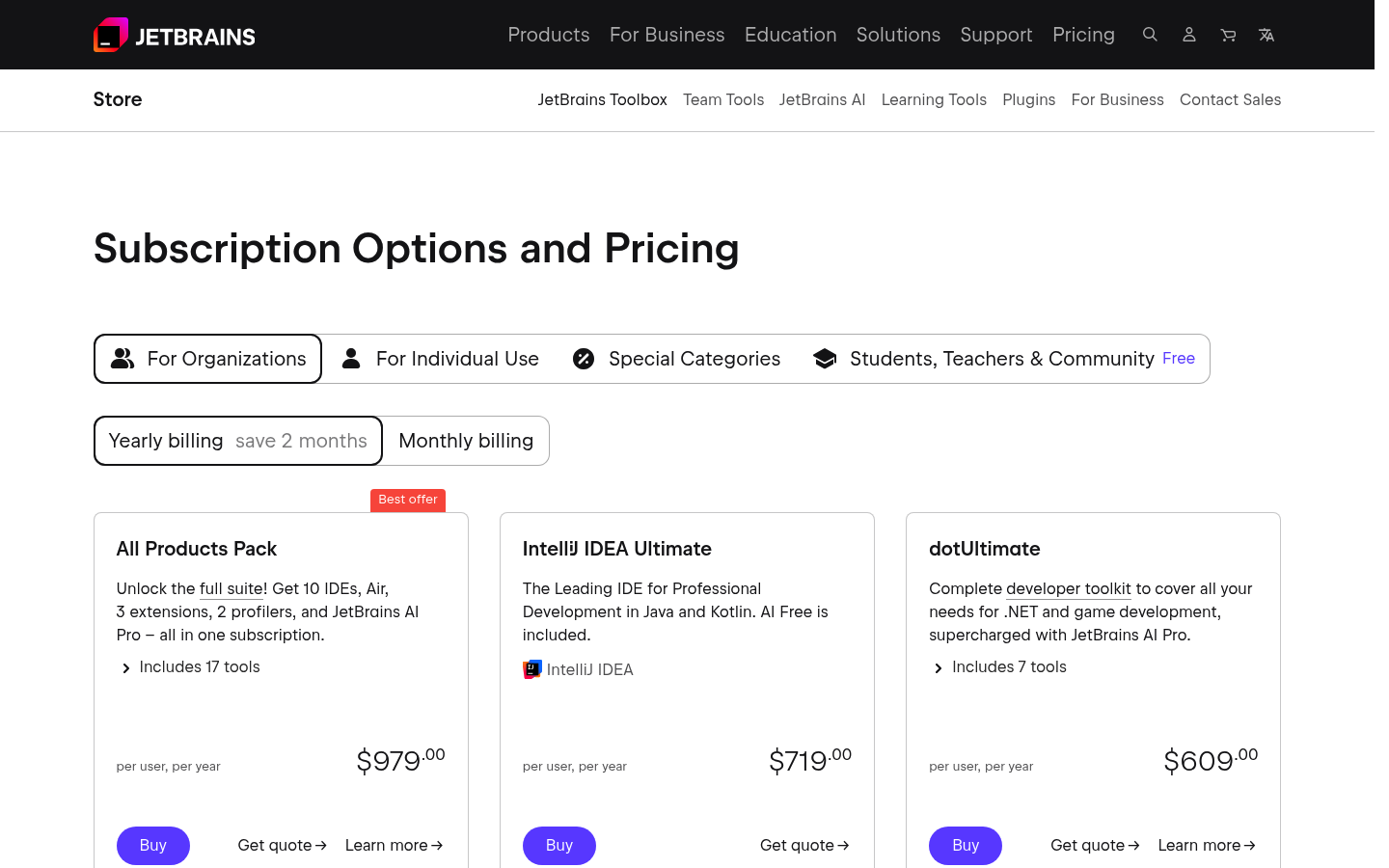 Screenshot of JetBrains's pricing page showing its plans and prices