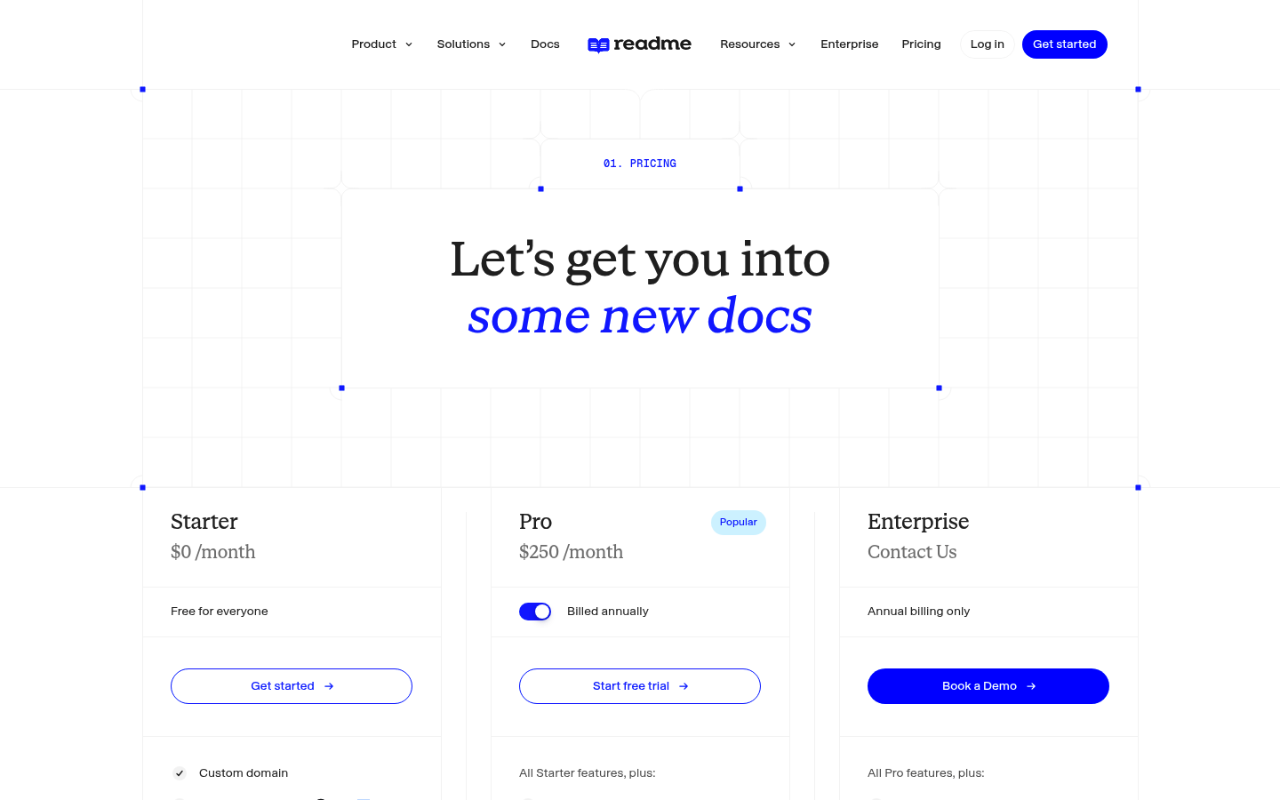 Screenshot of ReadMe's pricing page showing its plans and prices