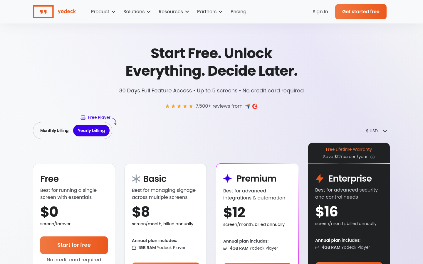 Screenshot of Yodeck's pricing page showing its plans and prices