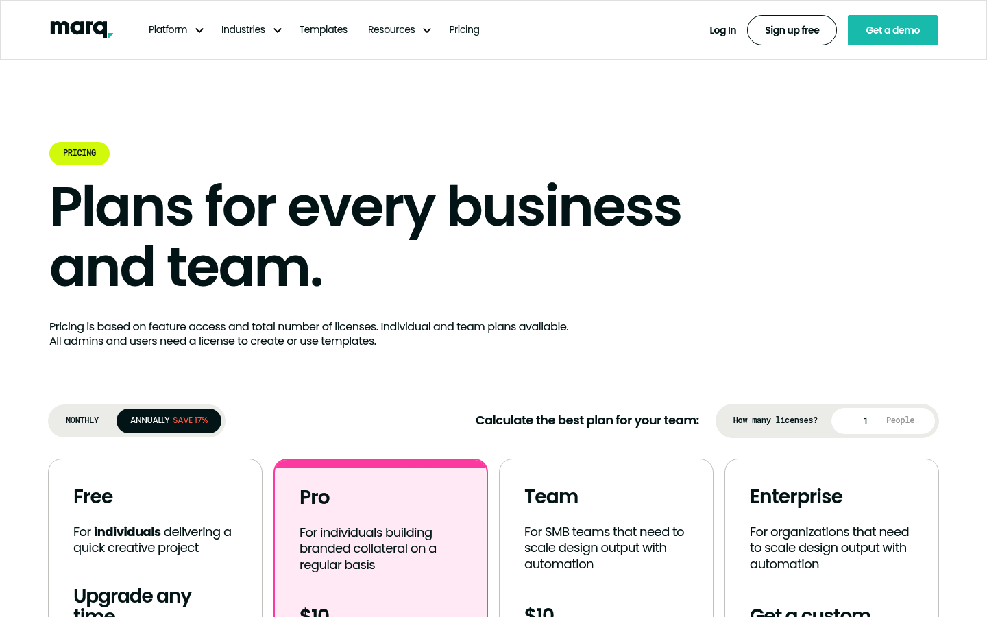Screenshot of Marq's pricing page showing its plans and prices