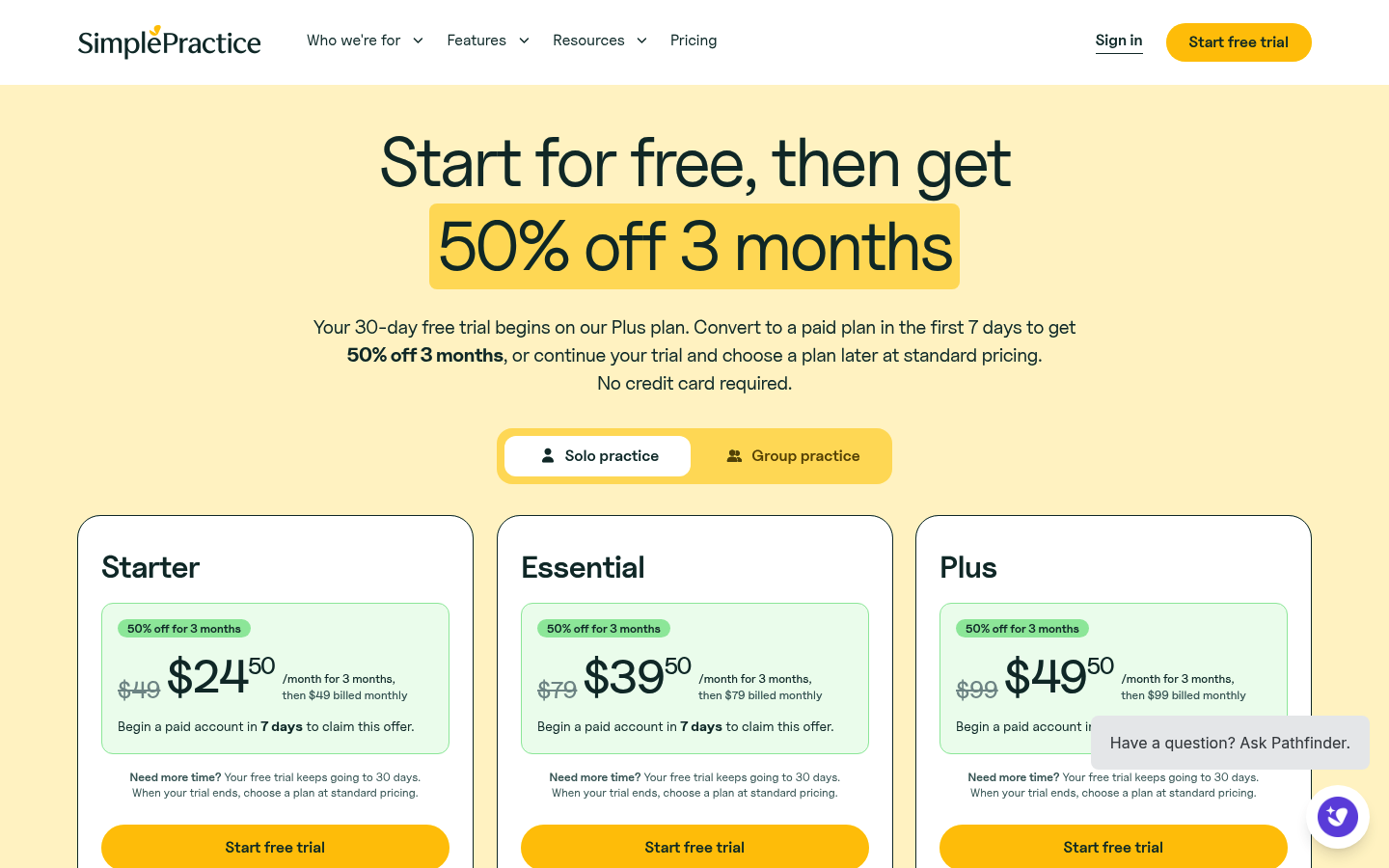 Screenshot of SimplePractice's pricing page showing its plans and prices
