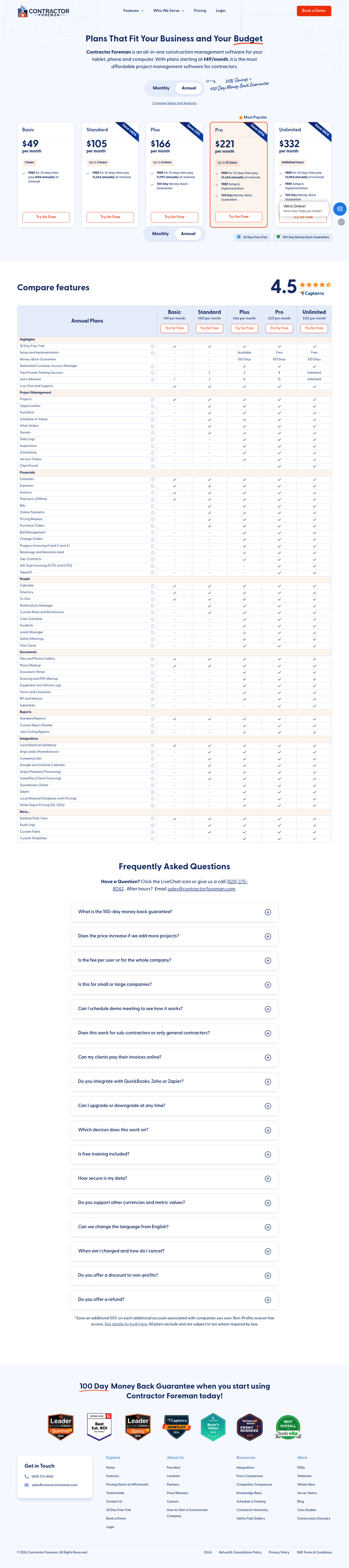 Screenshot of Contractor Foreman's pricing page showing its plans and prices