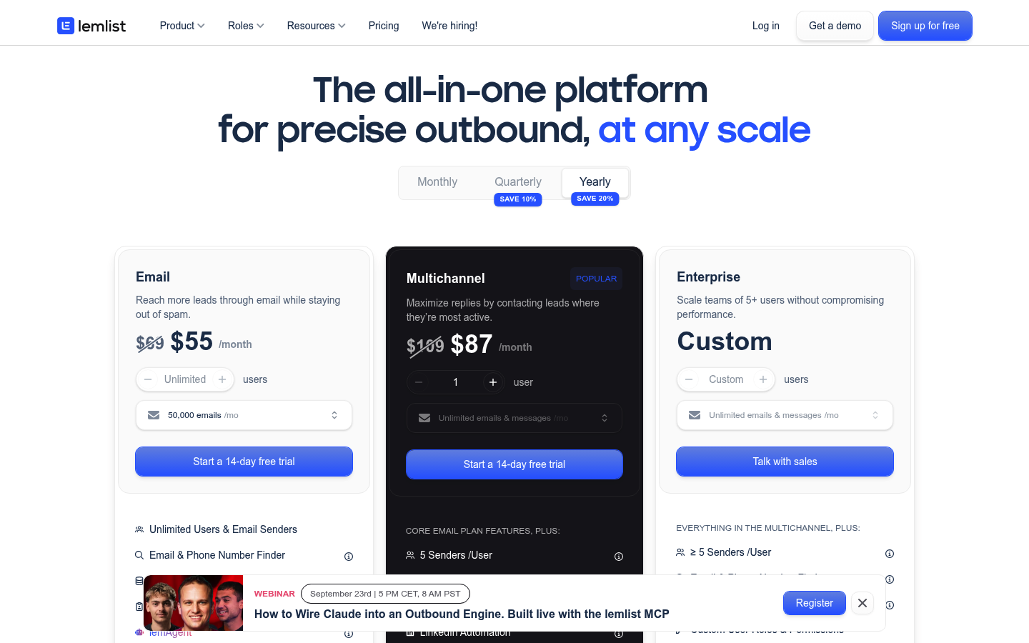 Screenshot of Lemlist's pricing page showing its plans and prices