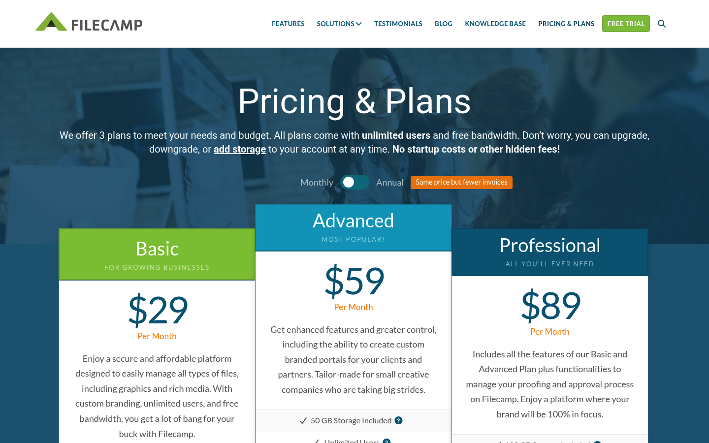 Screenshot of Filecamp's pricing page showing its plans and prices