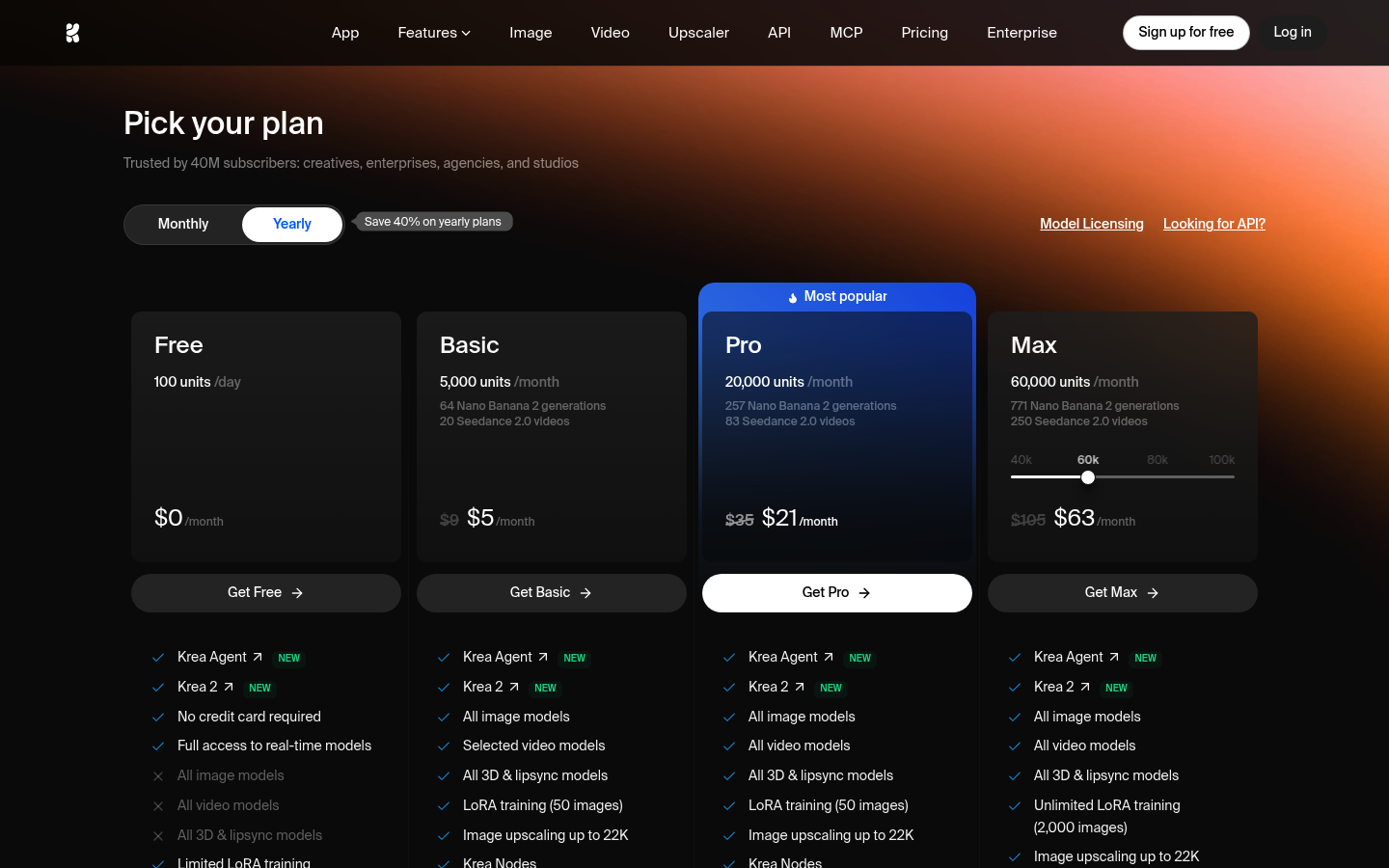 Screenshot of Krea's pricing page showing its plans and prices