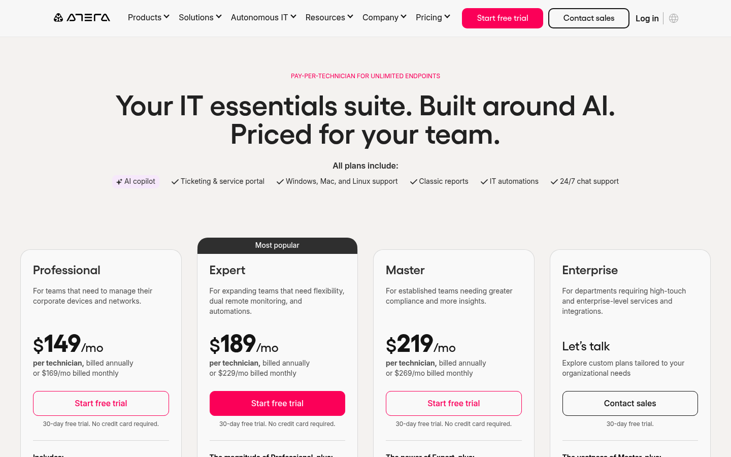 Screenshot of Atera's pricing page showing its plans and prices