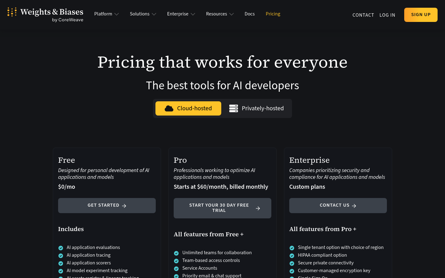 Screenshot of Weights & Biases's pricing page showing its plans and prices