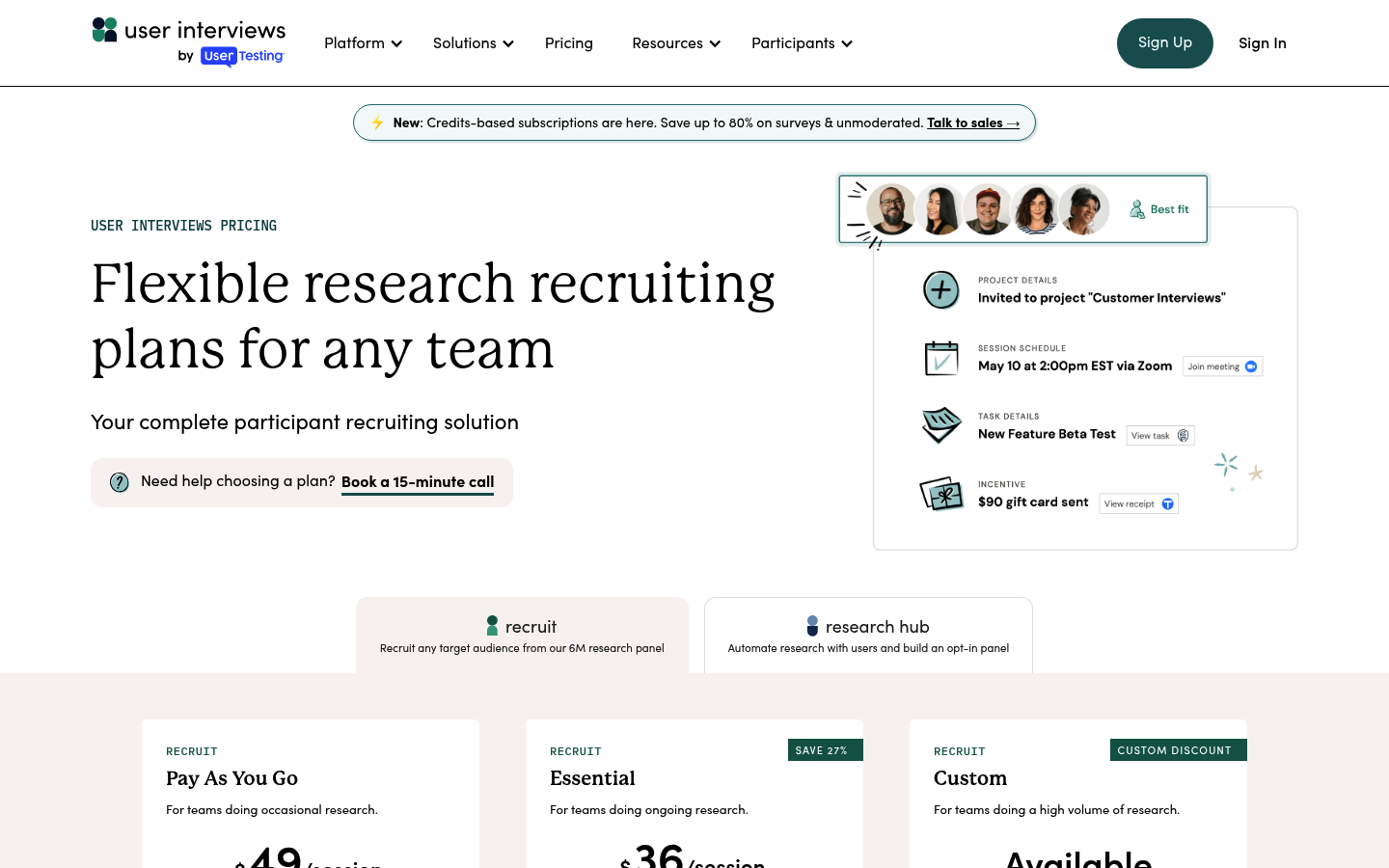Screenshot of User Interviews's pricing page showing its plans and prices