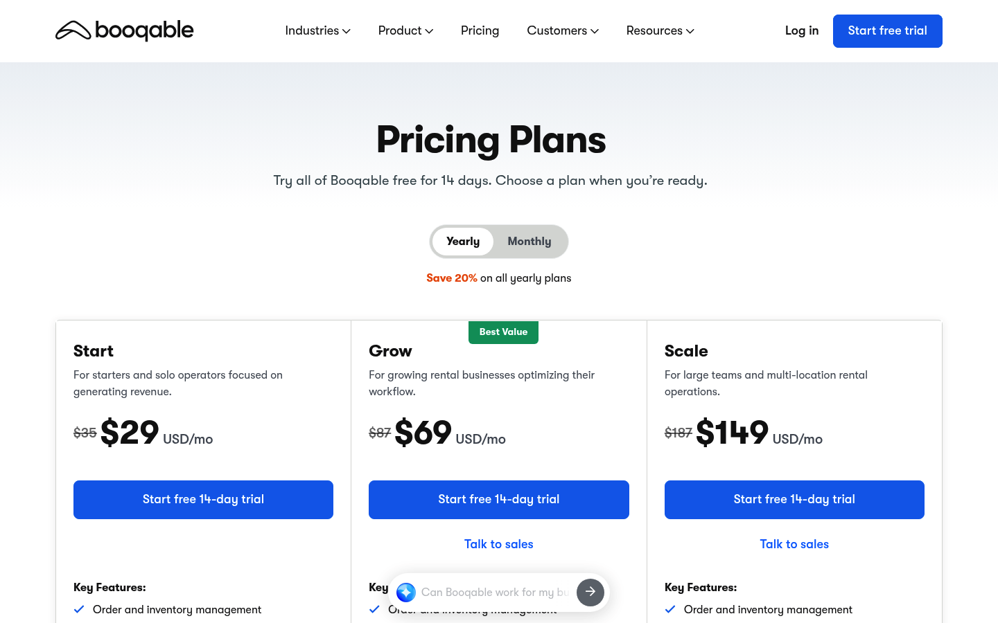 Screenshot of Booqable's pricing page showing its plans and prices