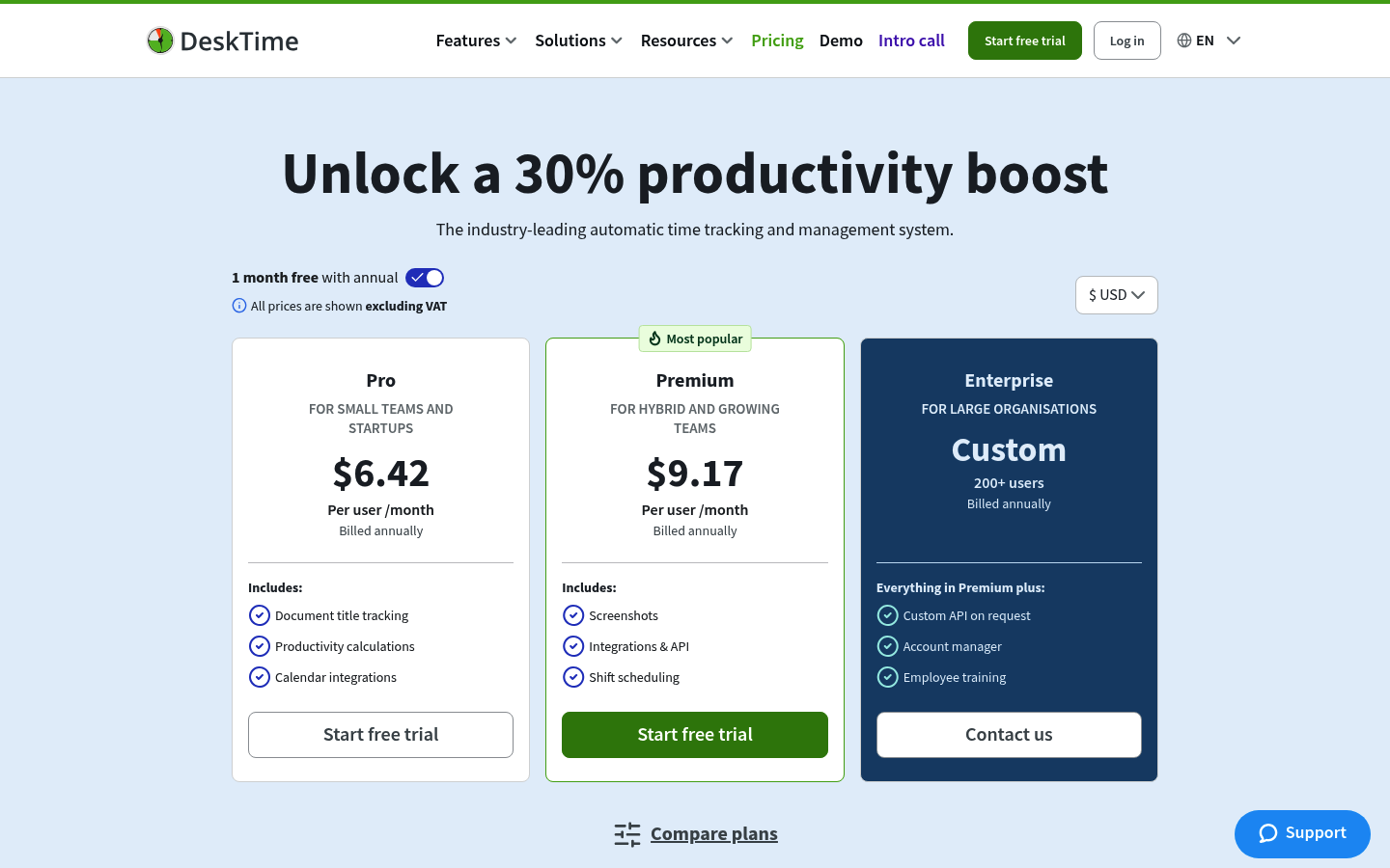 Screenshot of DeskTime's pricing page showing its plans and prices