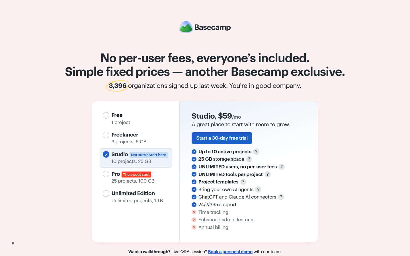 Screenshot of Basecamp's pricing page showing its plans and prices