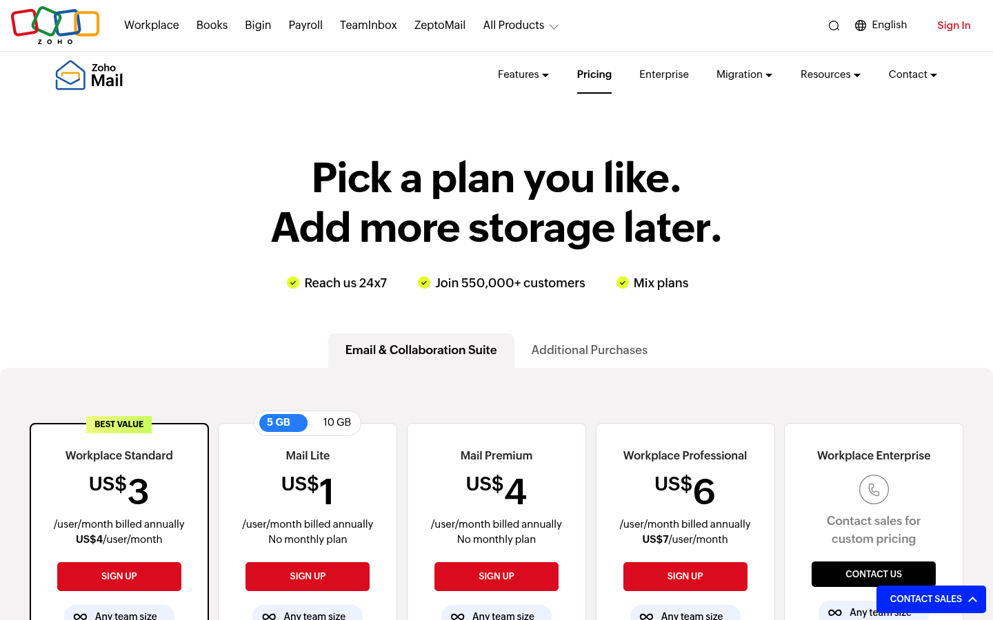 Screenshot of Zoho Mail's pricing page showing its plans and prices