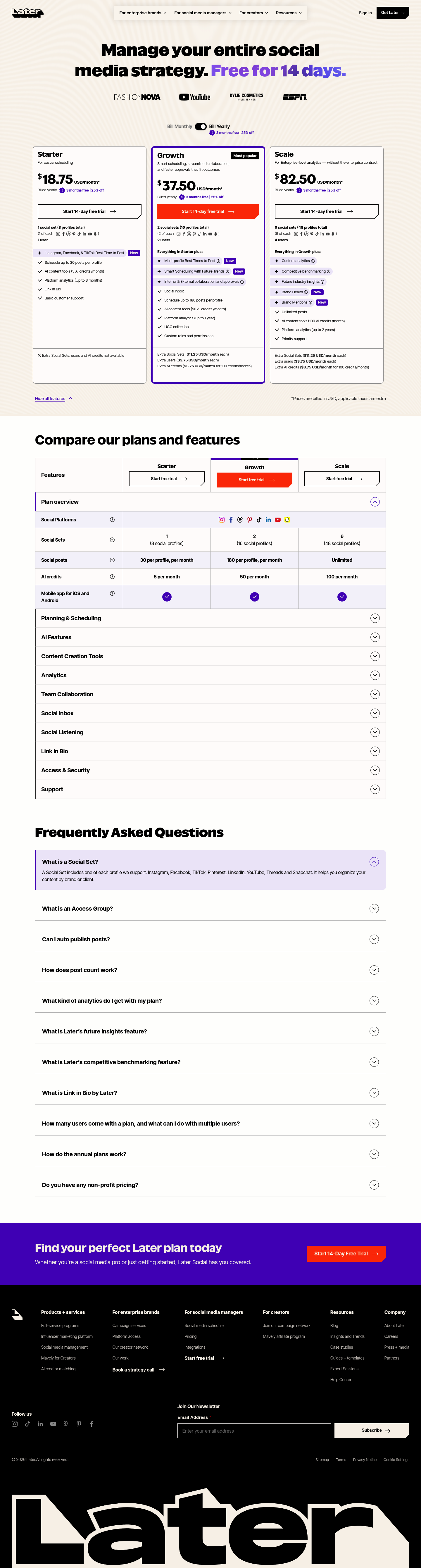 Screenshot of Later's pricing page showing its plans and prices