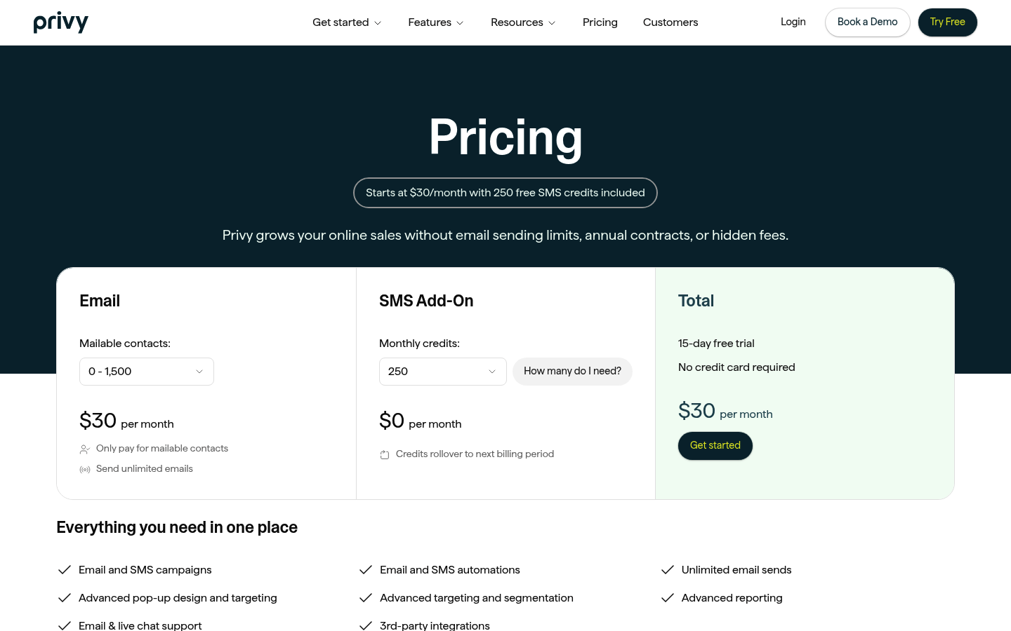 Screenshot of Privy's pricing page showing its plans and prices