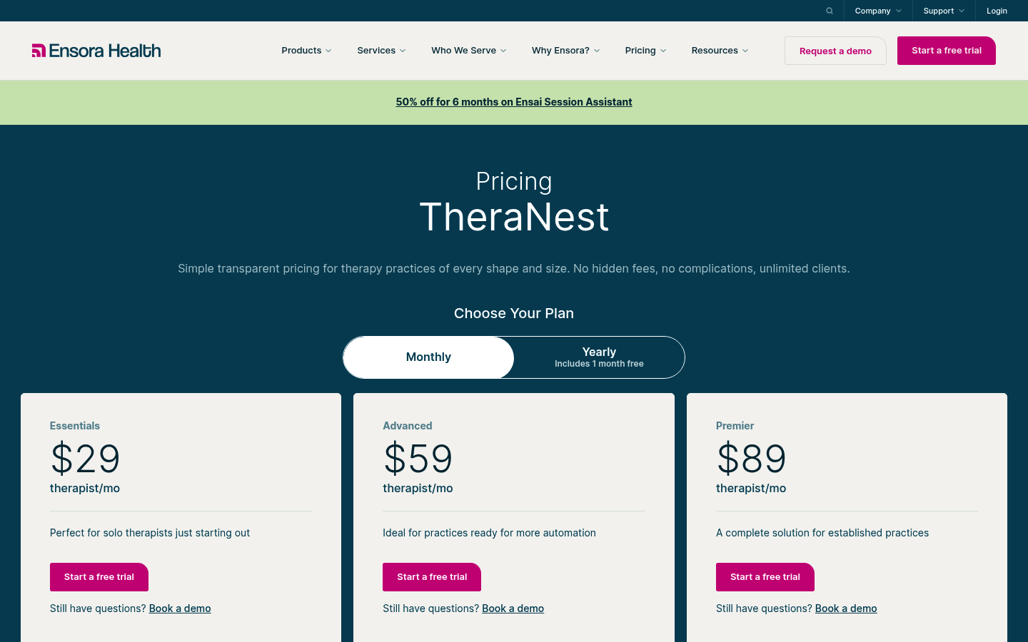 Screenshot of TheraNest's pricing page showing its plans and prices