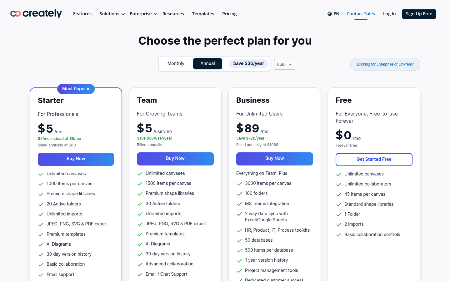 Screenshot of Creately's pricing page showing its plans and prices