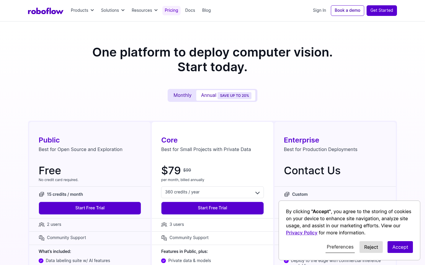 Screenshot of Roboflow's pricing page showing its plans and prices