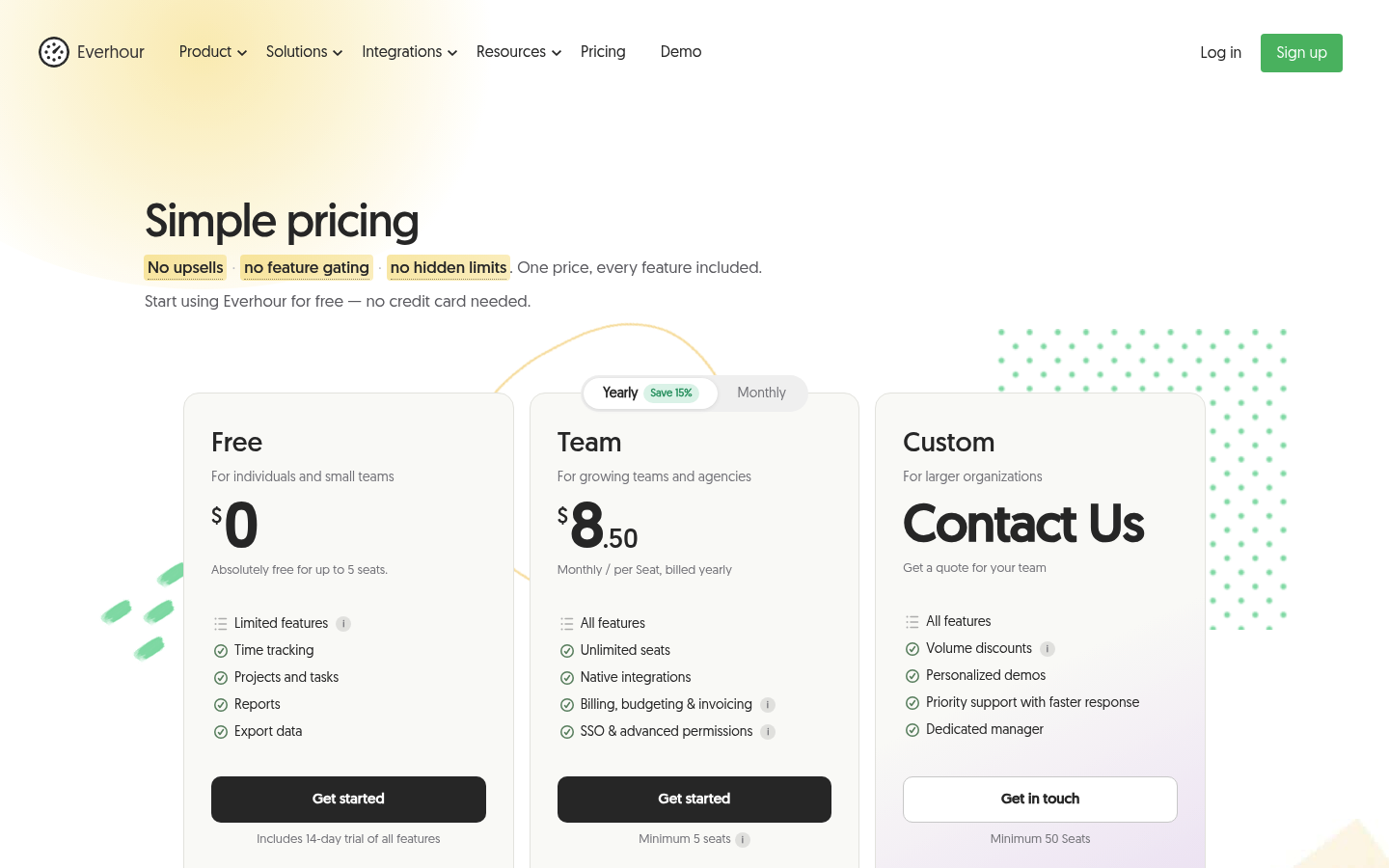Screenshot of Everhour's pricing page showing its plans and prices