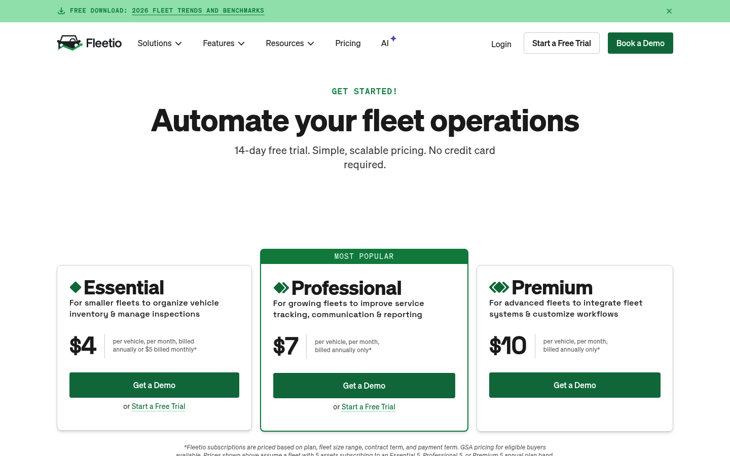Screenshot of Fleetio's pricing page showing its plans and prices