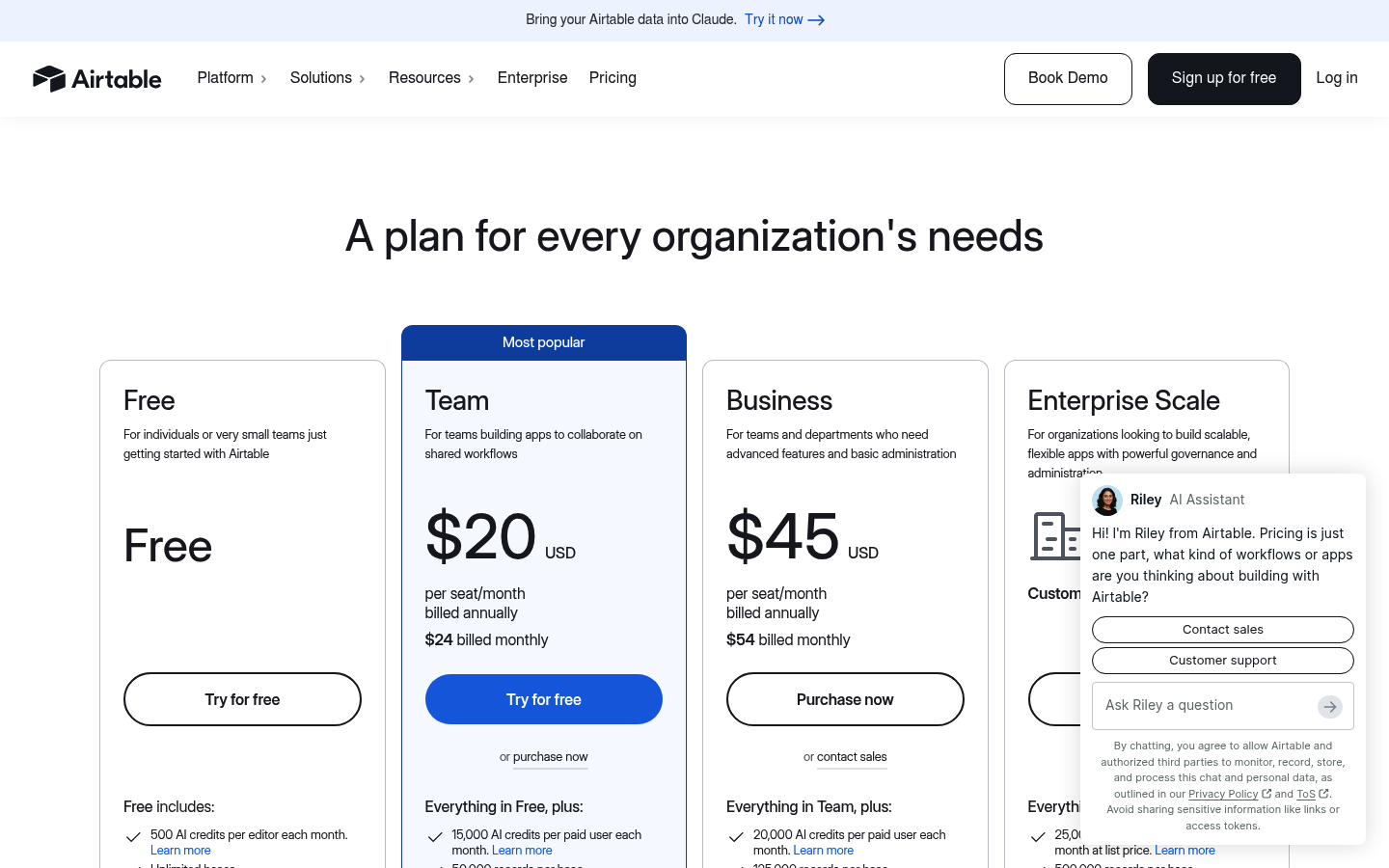 Screenshot of Airtable's pricing page showing its plans and prices