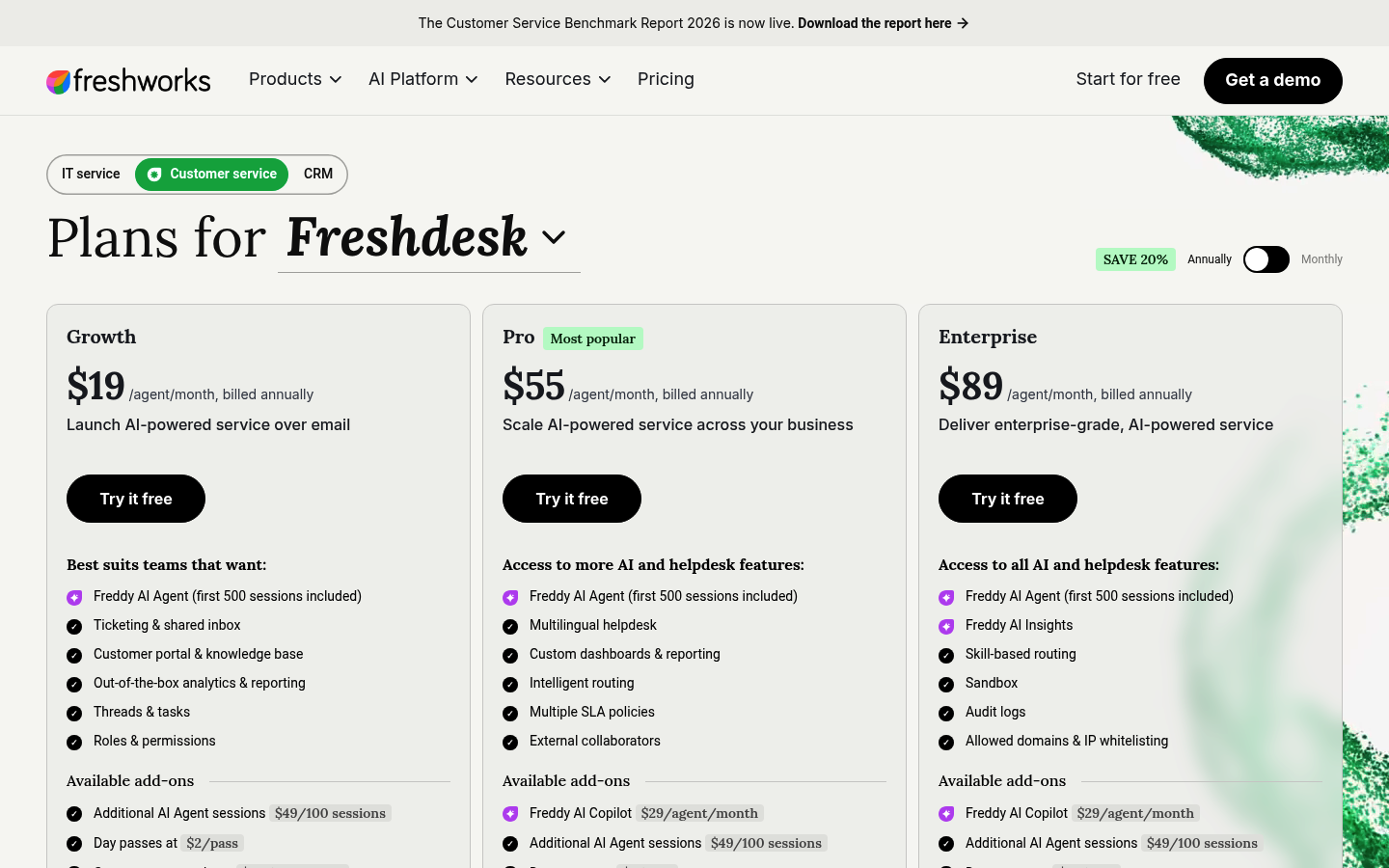 Screenshot of Freshdesk's pricing page showing its plans and prices