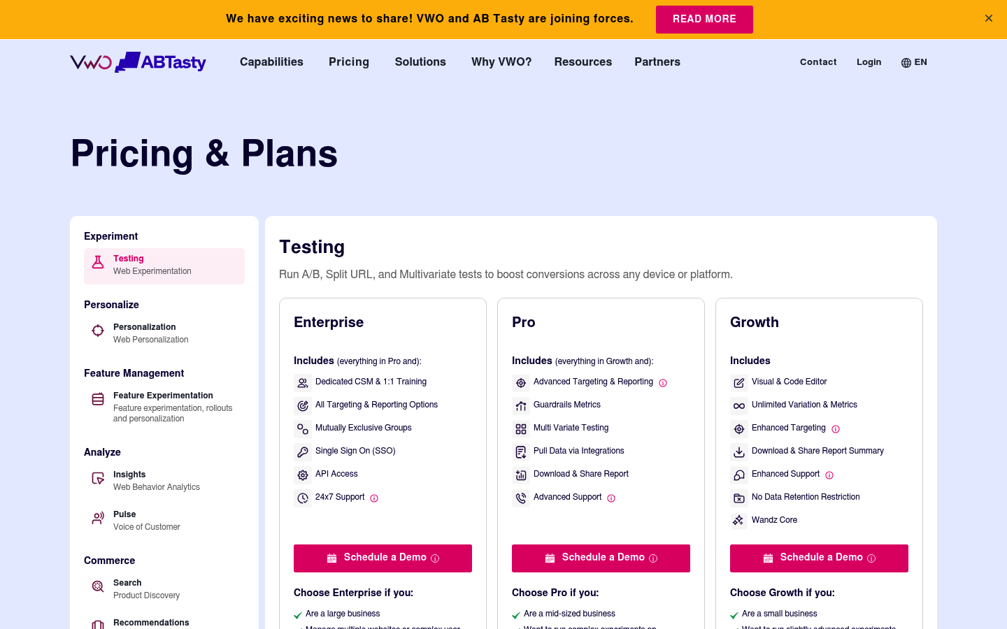 Screenshot of VWO's pricing page showing its plans and prices