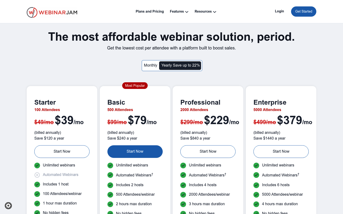 Screenshot of WebinarJam's pricing page showing its plans and prices