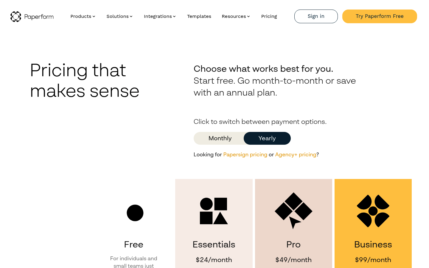 Screenshot of Paperform's pricing page showing its plans and prices
