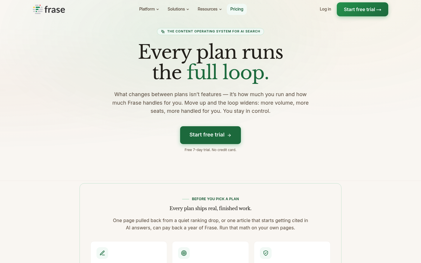 Screenshot of Frase's pricing page showing its plans and prices