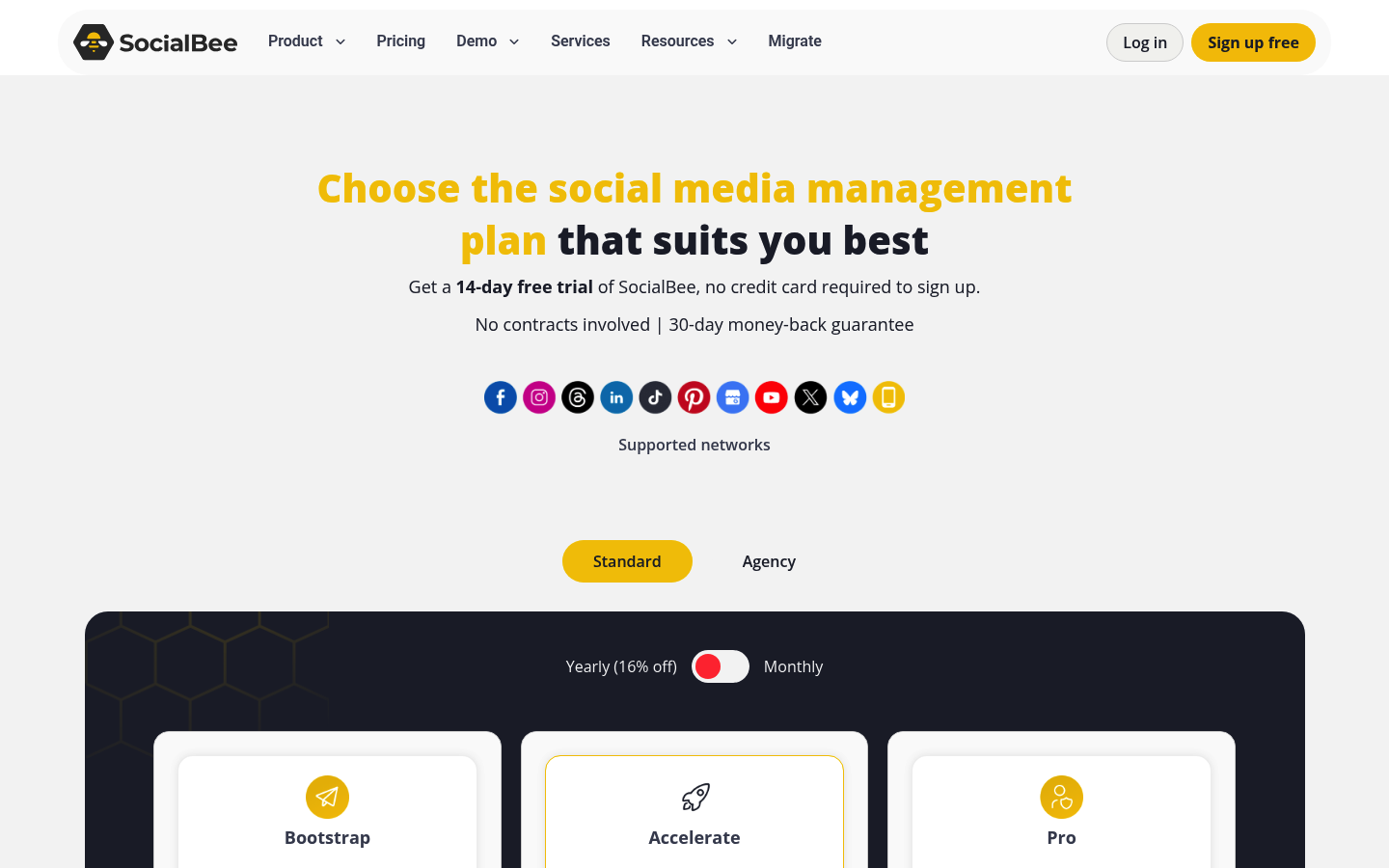 Screenshot of SocialBee's pricing page showing its plans and prices