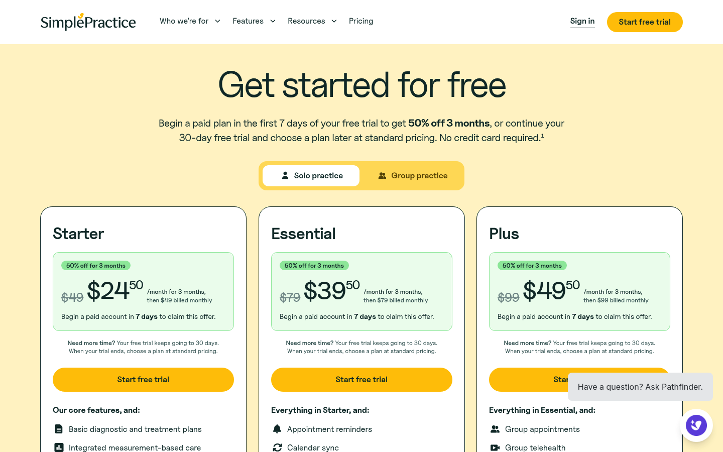 Screenshot of SimplePractice's pricing page showing its plans and prices